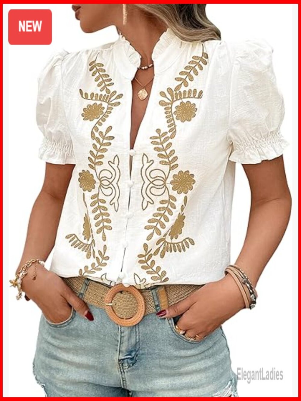V Neck Puff Sleeve Button Down Shirt Embroidered Blouse Top - Picture 1 of 7